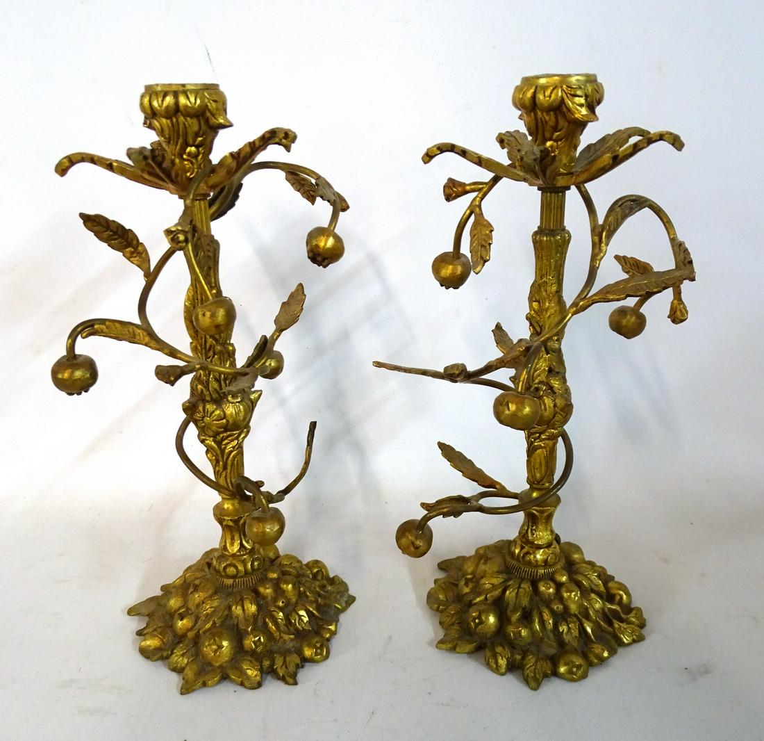 PR. BRONZE CANDLESTICKS WITH FRUIT MOTIF 12"H (1 of 4)