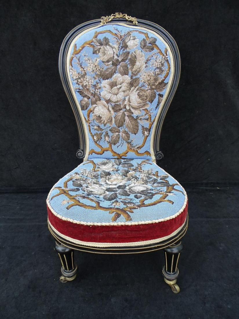 VICTORIAN BRONZE MOUNTED BEADWORK UPHOLSTERED MOURNING: VICTORIAN BRONZE MOUNTED BEADWORK UPHOLSTERED MOURNING CHAIR 34"H 17"W 16"D