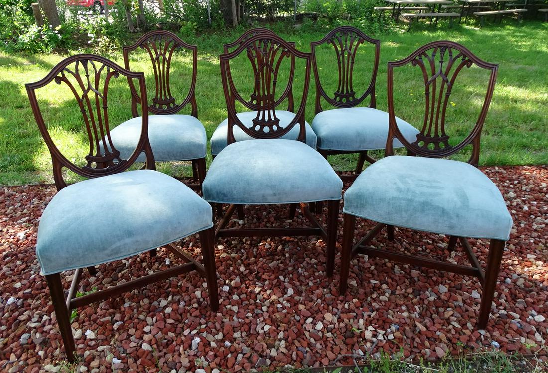 SET 6 UPHOLSTERED MAHOGANY SHIELD BACK DINING CHAIRS (1 of 9)