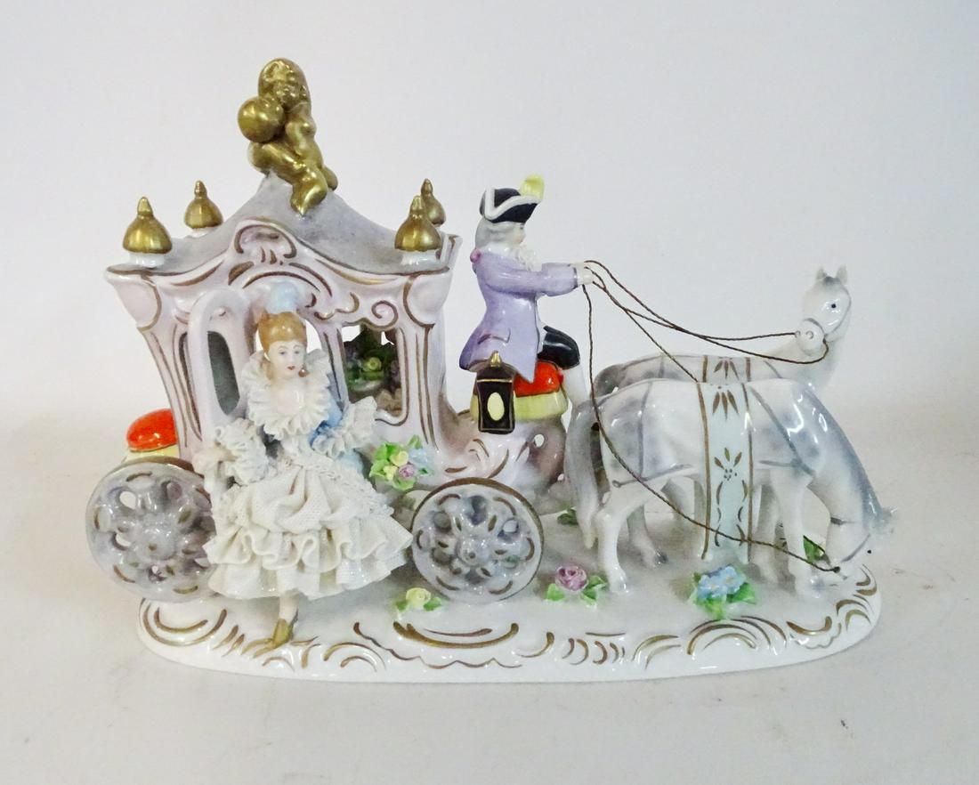 DRESDEN PORCELAIN GROUP HORSE DRAWN CARRIAGE 7"H 11"L (1 of 5)