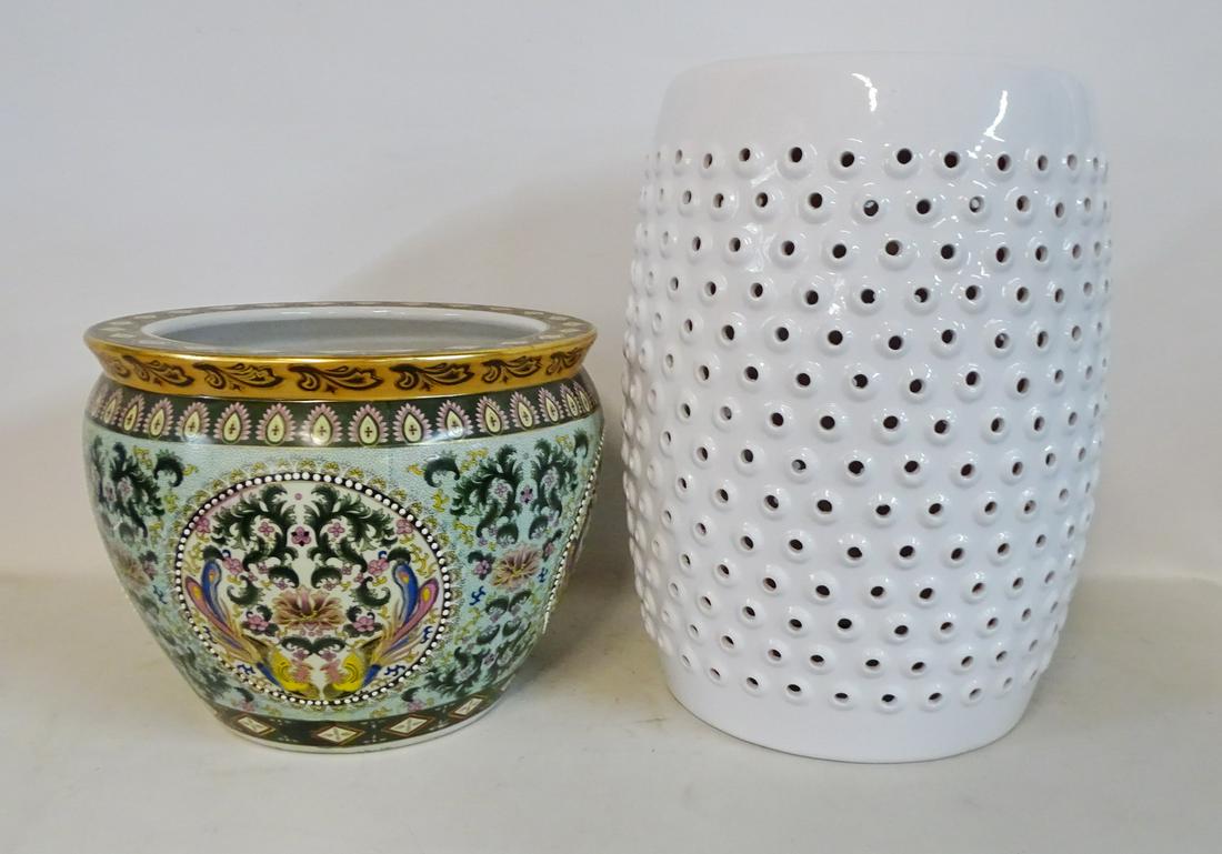 2 PCS. WHITE GARDEN SEAT & CHINESE FISH BOWL (1 of 4)