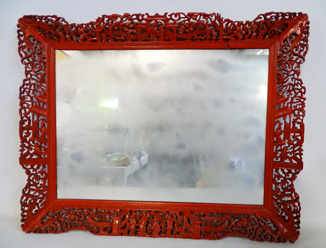 ASIAN PAINT DECORATED CARVED WOOD MIRROR 23X29.5" (1 of 8)