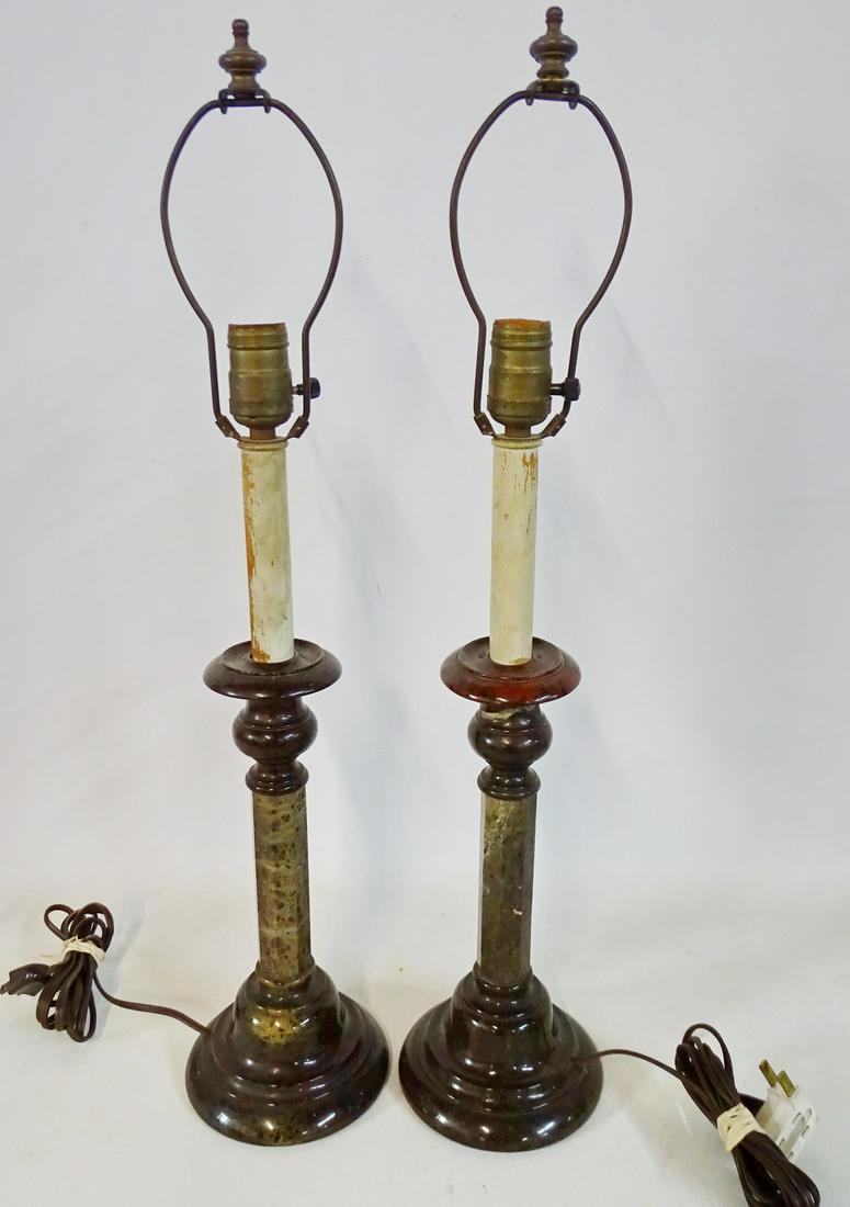 PR. RED MARBLE CANDLESTICK LAMPS (1 AS IS) 17"H (1 of 6)
