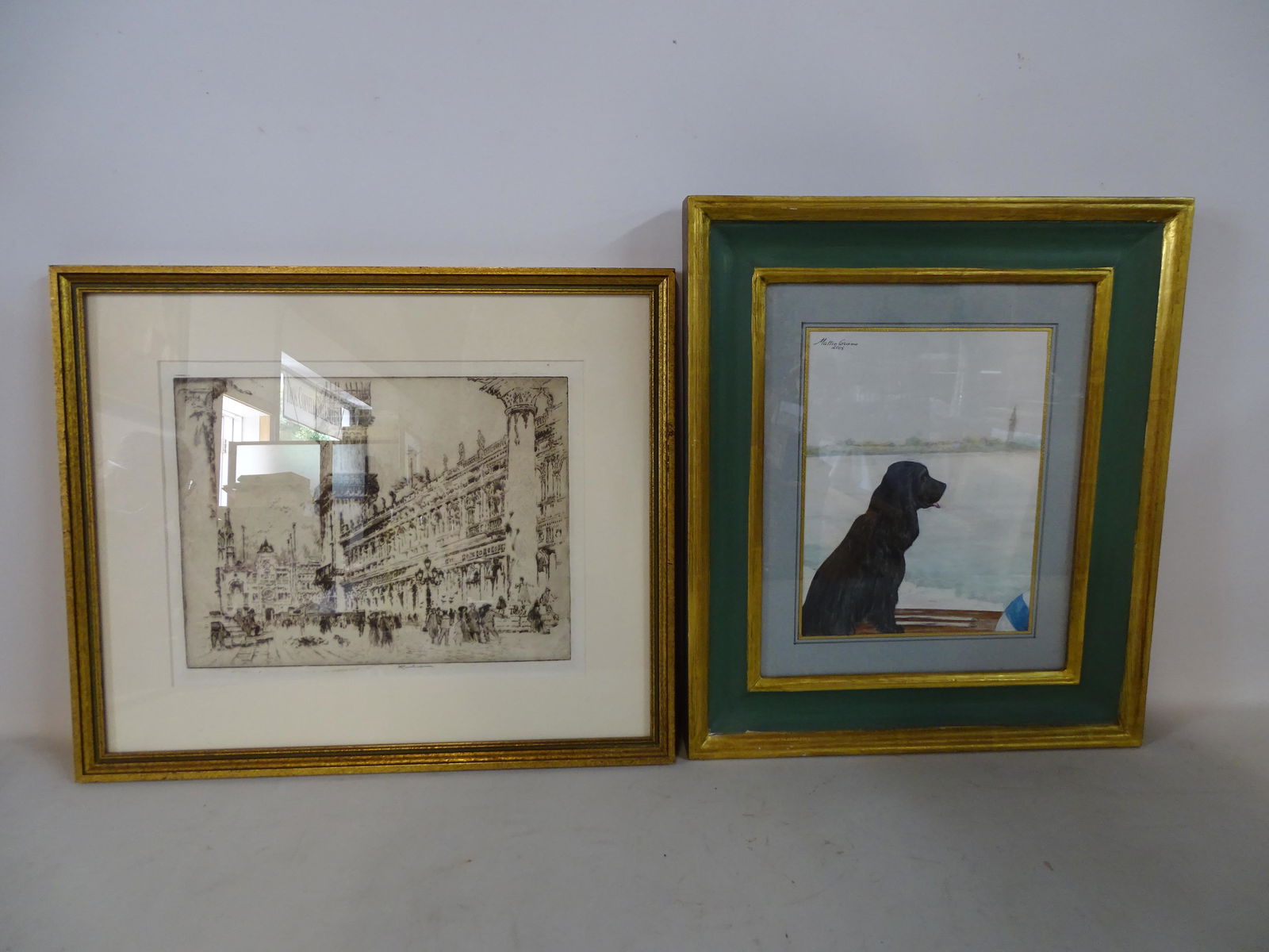 2 WORKS ON PAPER INC. DOG PORTRAIT & VENICE PRINT (1 of 3)