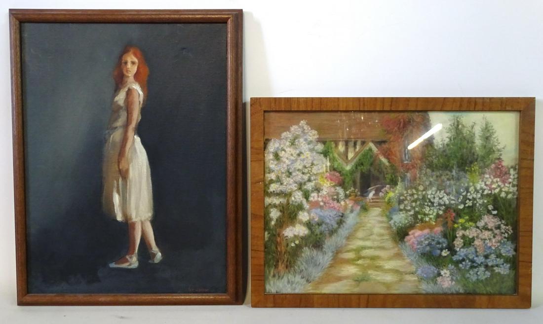 2 PCS. (1) OIL ON CANVAS SGN. SPEAR DANCER (1) PASTEL: 2 PCS. (1) OIL ON CANVAS SGN. SPEAR DANCER (1) PASTEL GARDEN WITH CAT 18X13.5"
