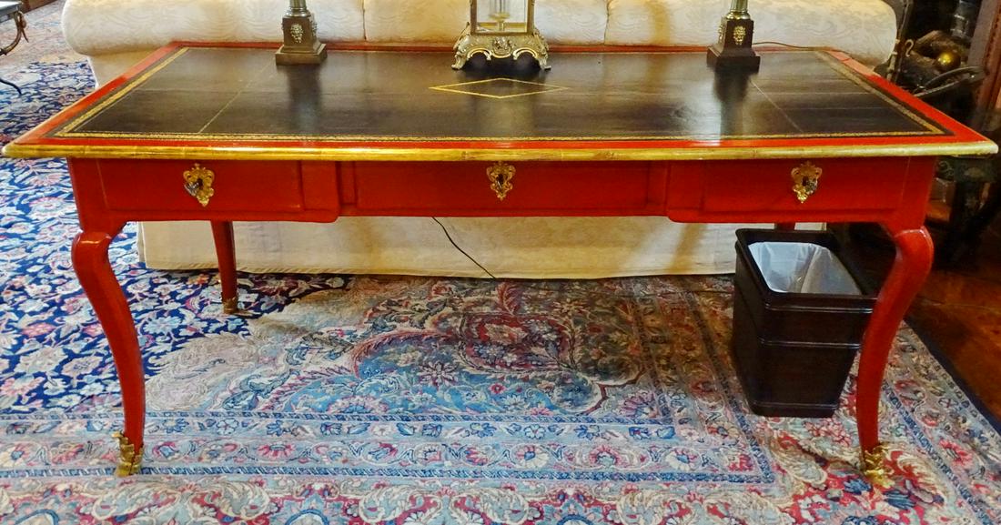 18TH C. PAINTED LEATHER TOP BUREAUPLAT W/BRONZE MOUNTS: 18TH C. PAINTED LEATHER TOP BUREAUPLAT W/BRONZE MOUNTS 28" X 64" X 29"