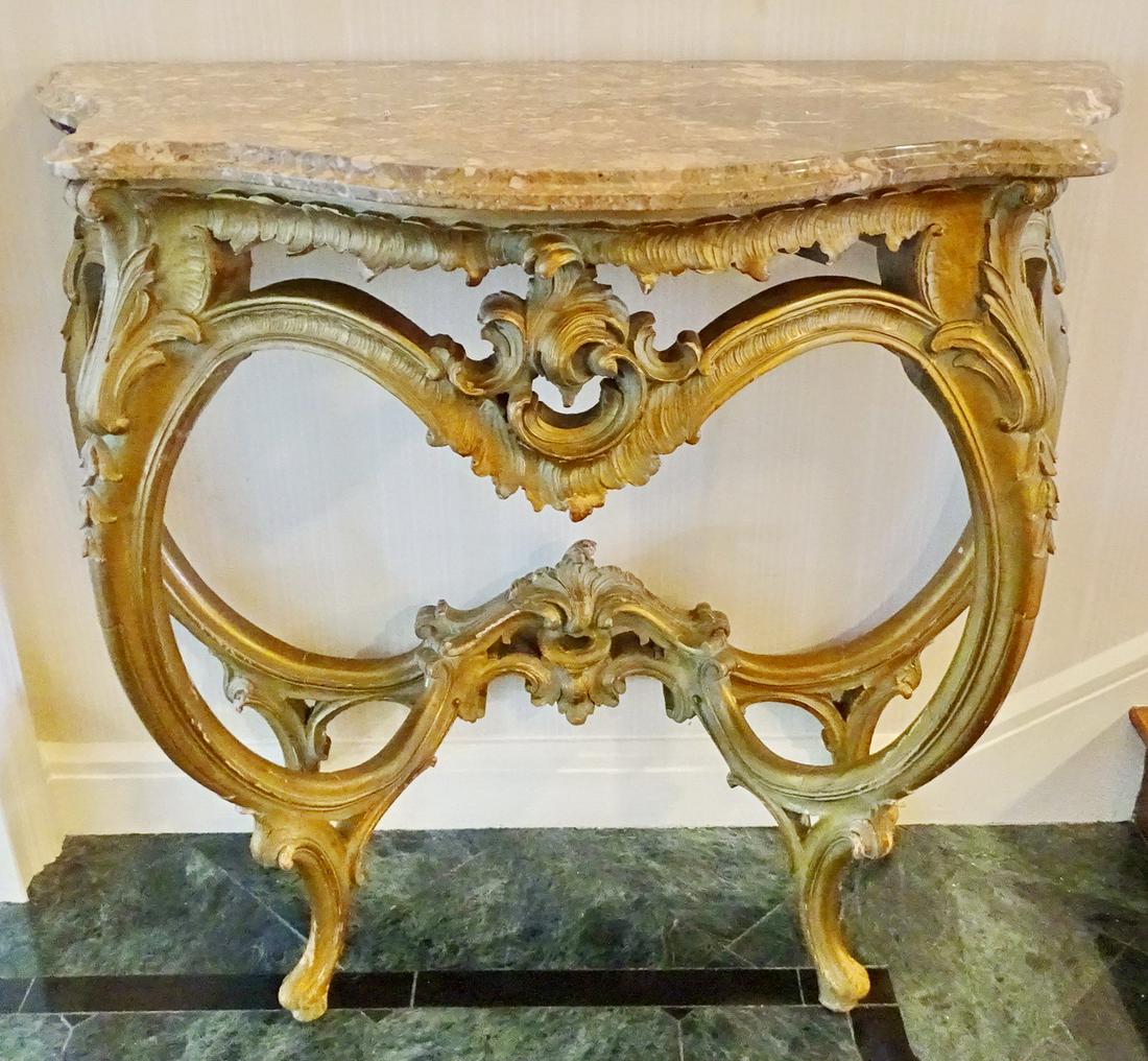 ITALIANATE MARBLE TOP CONSOLE 35.5" X 39" X 19": ITALIANATE MARBLE TOP CONSOLE 35.5" X 39" X 19"