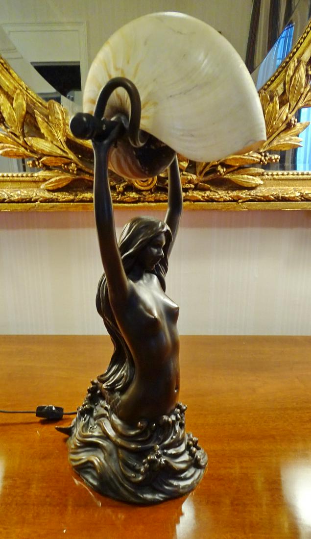 Art Nouveau Style Bronze Mermaid Lamp W shell Shade