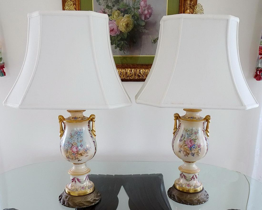 PR. GILT DECORATED HAND PAINTED PORCELAIN LAMPS  14"H (1 of 6)