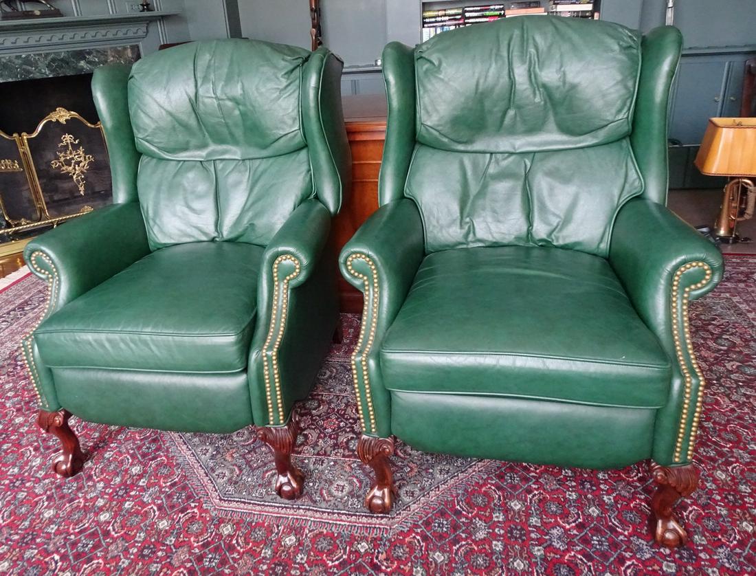 PR. CHIPPENDALE STYLE GREEN LEATHER RECLINING WING (1 of 7)