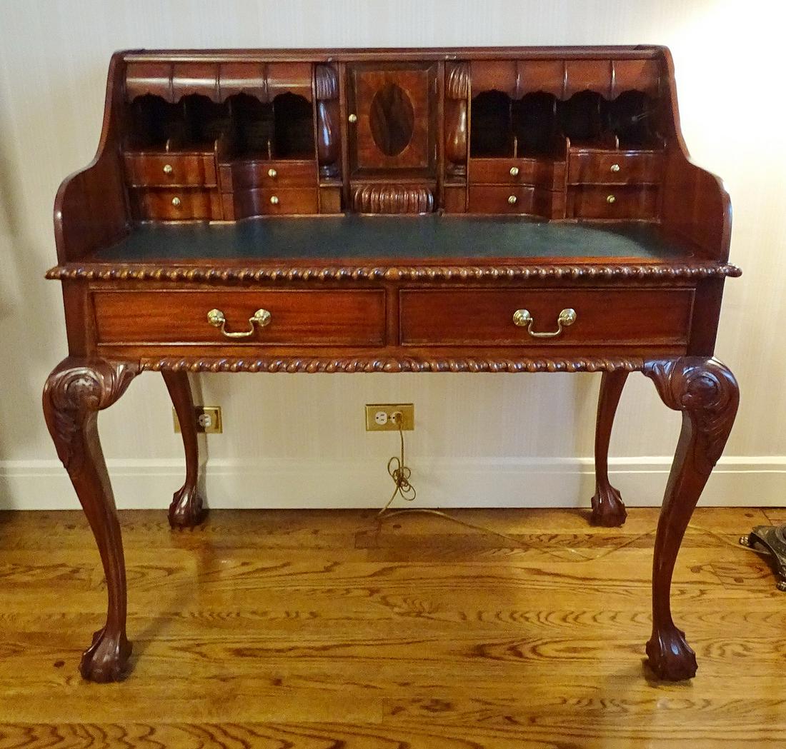 CHIPPENDALE STYLE CARVED MAHOGANY LEATHER TOP WRITING: CHIPPENDALE STYLE CARVED MAHOGANY LEATHER TOP WRITING DESK W/FITTED INTERIOR 42" X 42" X 22"