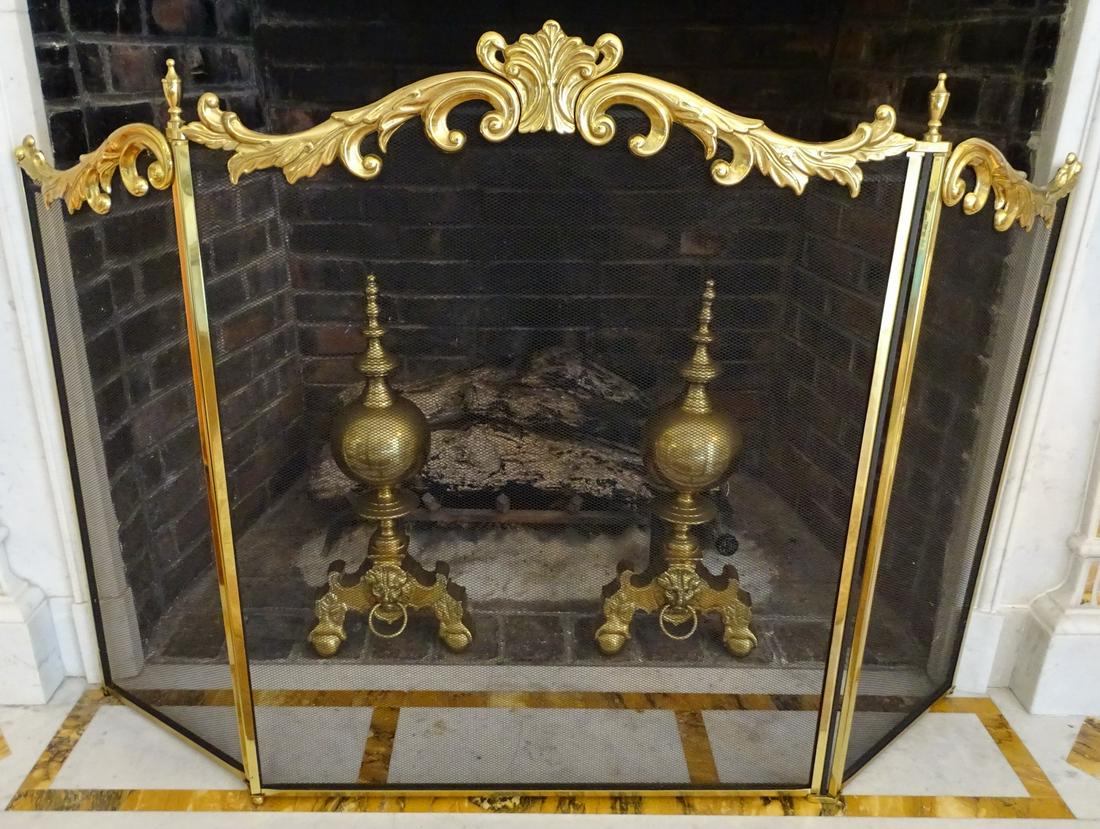 PAIR BRASS ANDIRONS AND FIRE SCREEN {SCREEN32.5X52} (1 of 6)