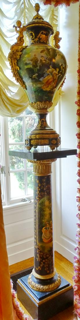 PAIR LARGE HAND PAINTED COVERD URNS {SOME PAINT LOSS} (1 of 12)