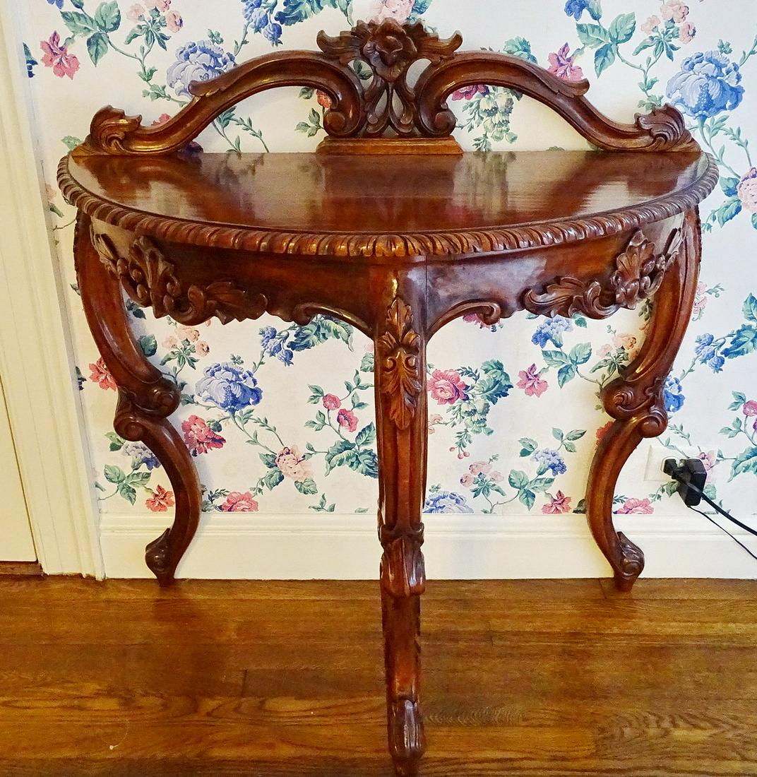 MAHOGANY HEAVILY CARVED DEMI LUNE CONSOLE 37.5" X 36": MAHOGANY HEAVILY CARVED DEMI LUNE CONSOLE 37.5" X 36"