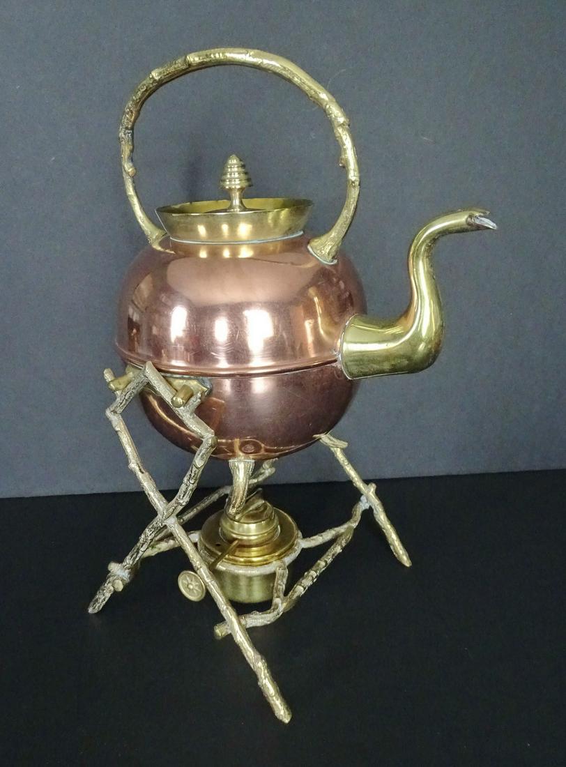 BRASS & COPPER KETTLE ON STAND W/BAMBOO MOTIF 13" X 8" (1 of 5)