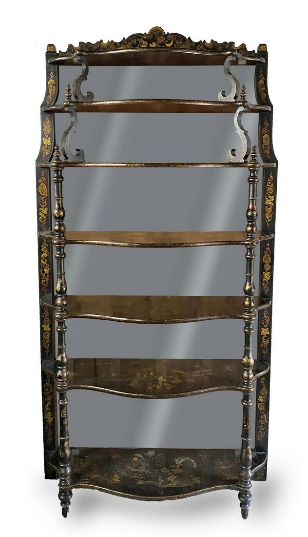 MONUMENTAL ANTIQUE 7 TIER CHINOISERRIE ETAGERE: MONUMENTAL ANTIQUE 7 TIER CHINOISERRIE EBONIZED/MIRRORED ETAGERE 96" X 62" X 16