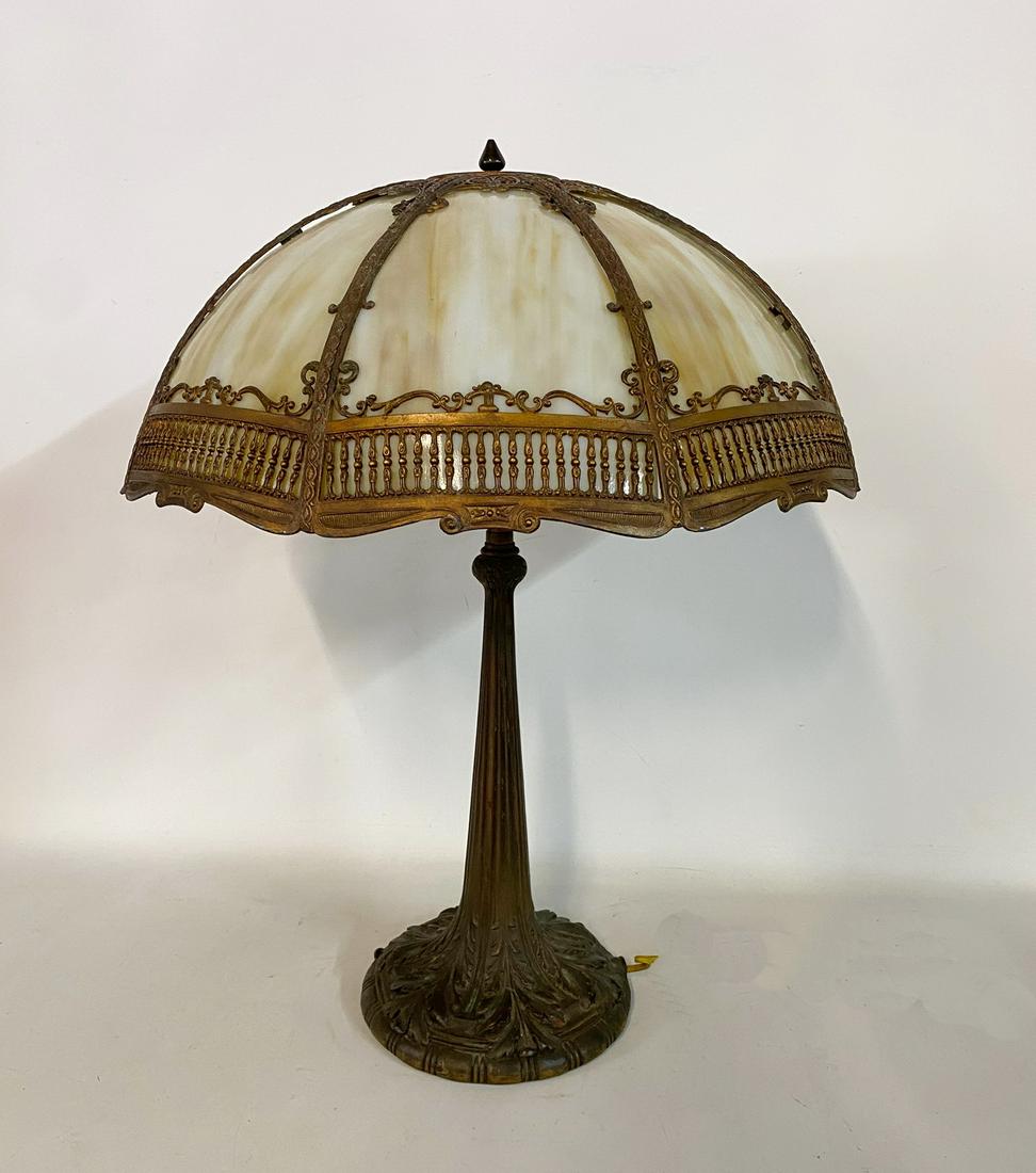 8 PANEL SLAG GLASS LAMP W/ IMPRESSIVE FILAGREE 24" H X (1 of 5)