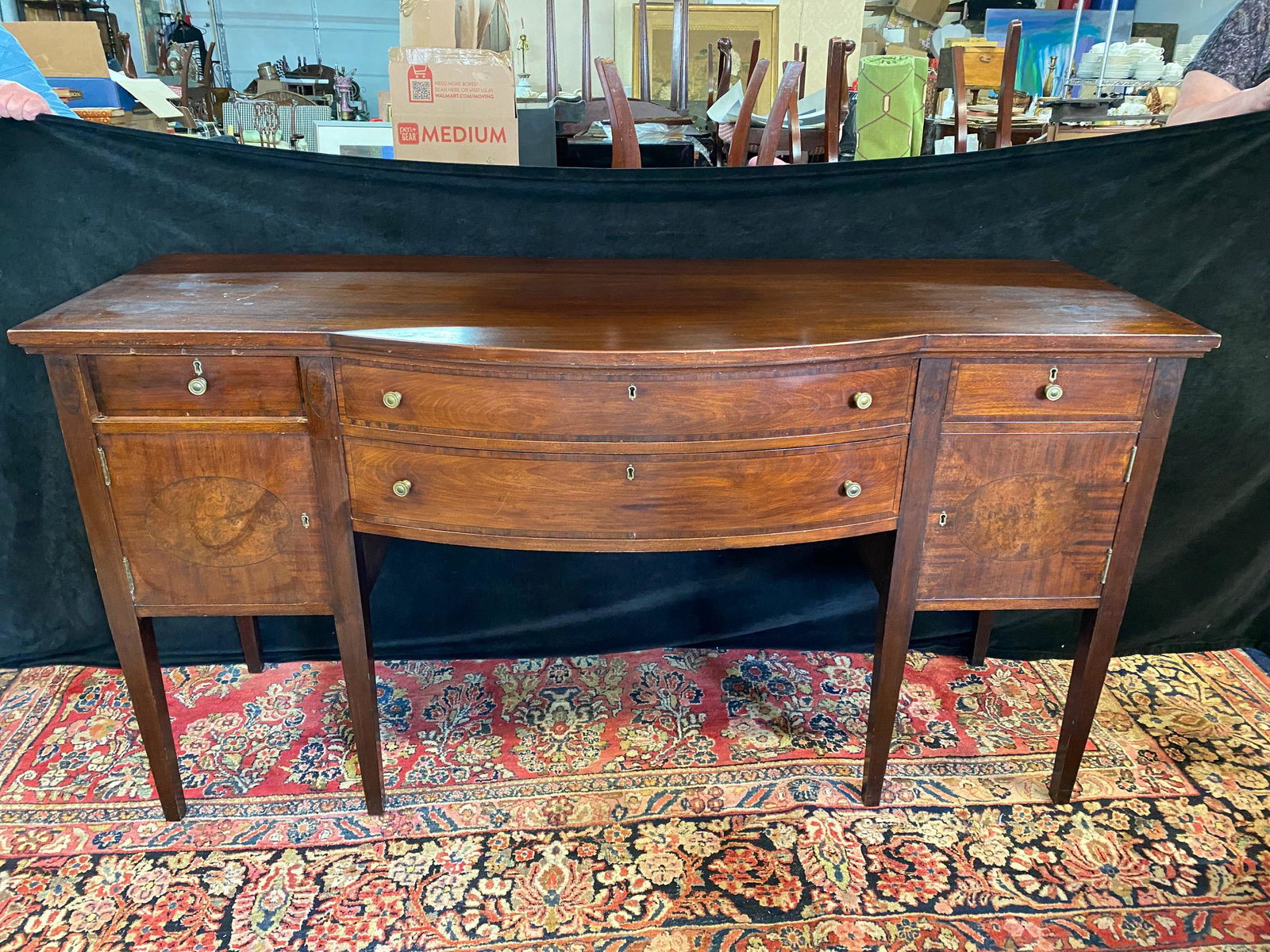 ENGLISH MAHOGANY INLAID HEPPLEWHITE STYLE SIDEBOARD: ENGLISH MAHOGANY INLAID HEPPLEWHITE STYLE SIDEBOARD 38" X 72" X 26