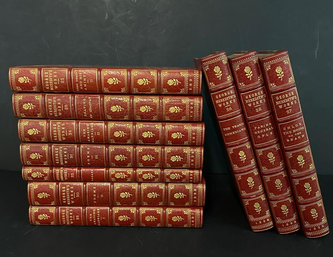 10 LEATHERBOUND VOLS WORKS OF GEORGE MEREDITH 1898 9"X (1 of 3)