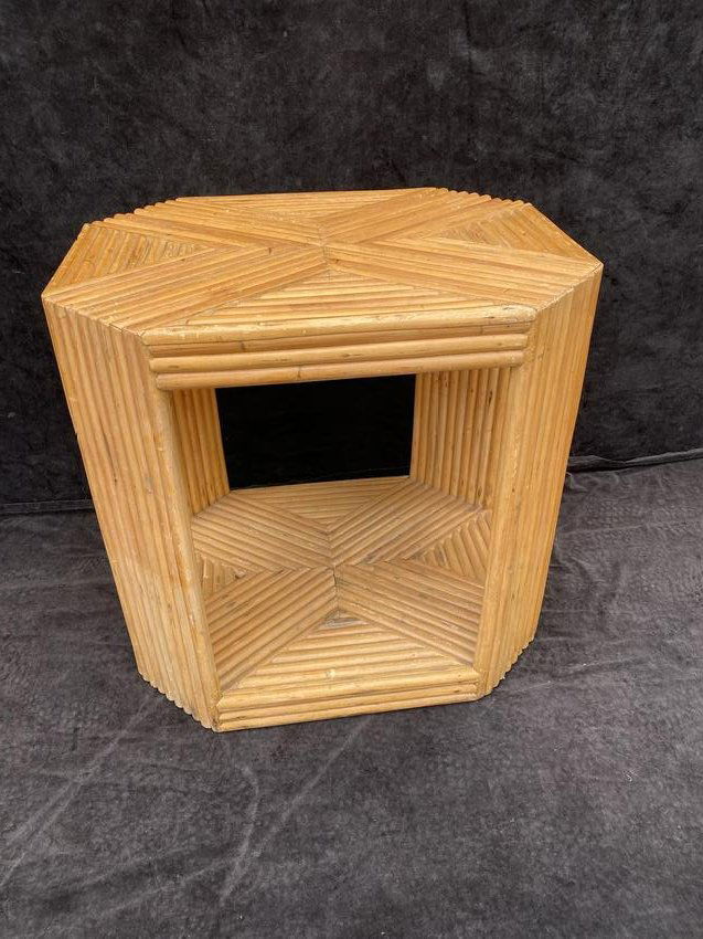 MID CENTURY RATTAN TABLE W/CASTORS 30" X 30" X 24" (1 of 5)