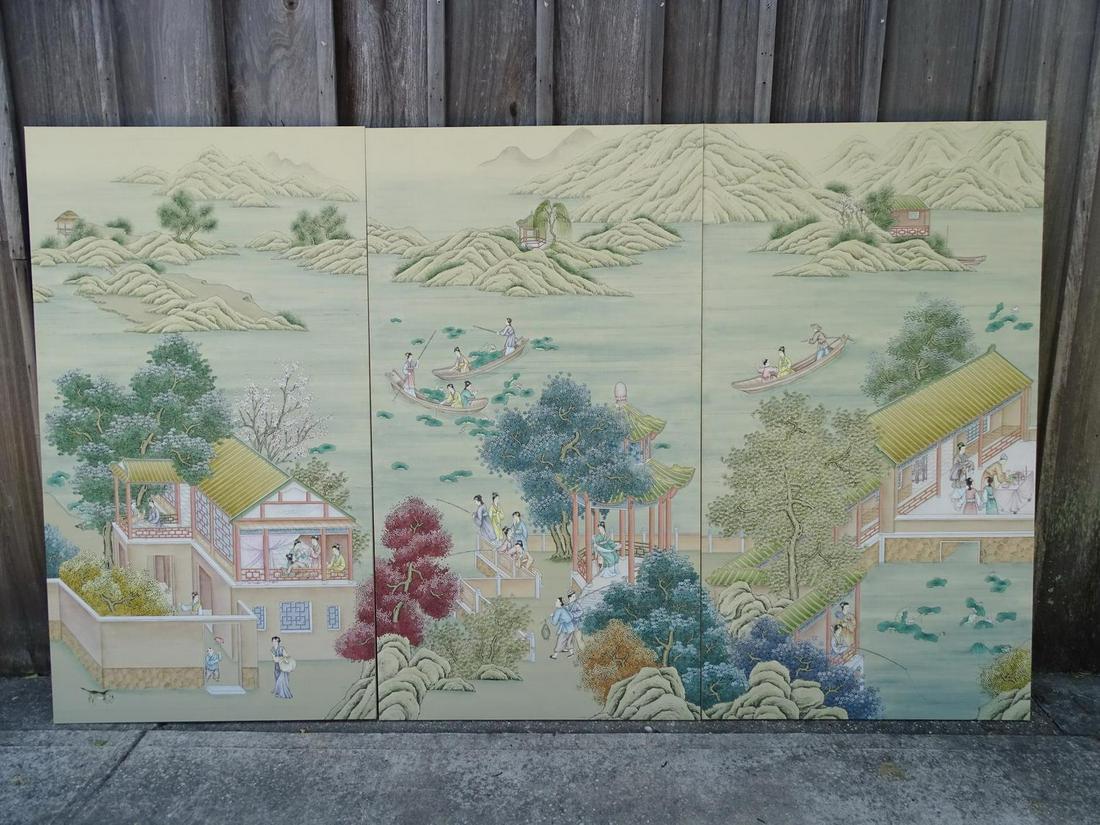 3 PAINTED SILK PANELS AISIAN LANDSCAPE W/ FIGURES (1 of 7)