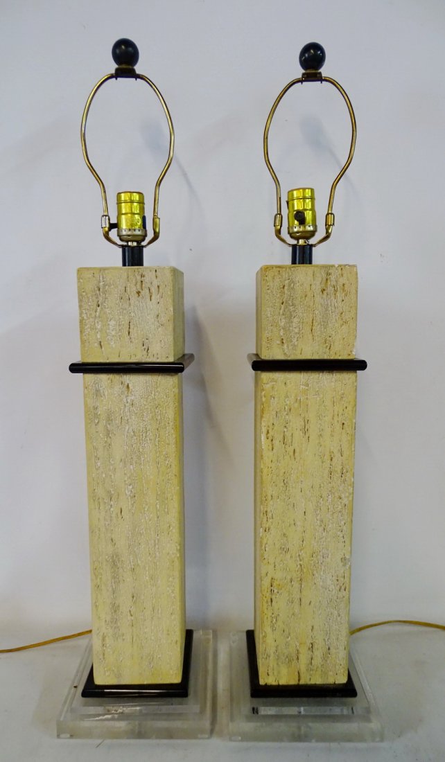PR. MID-CENTURY TRAVERTINE LAMPS ON LUCITE BASES 31.5"H (1 of 6)