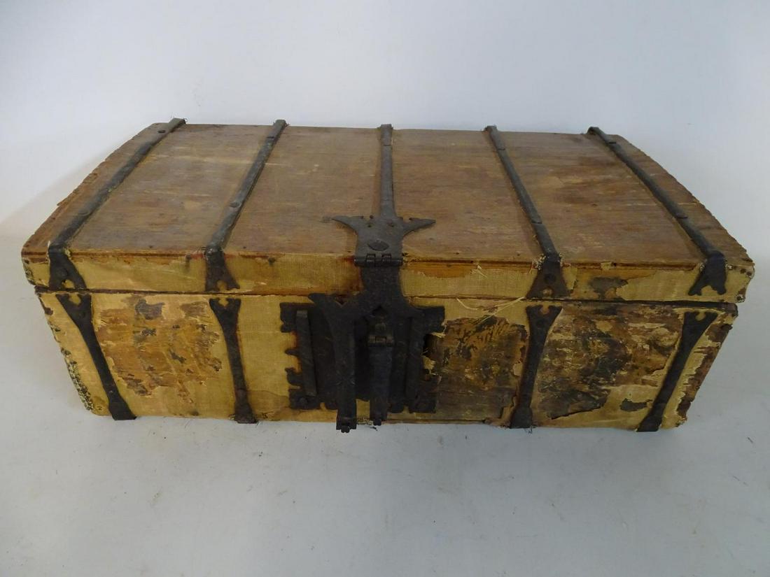 ANTIQUE WOODEN BOX W/IRON STRAPPING AND VELVET INTERIOR (1 of 10)