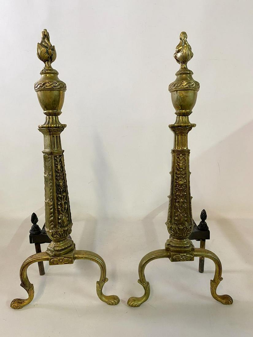 PR. BRASS ANDIRONS W/FLAME FINIALS 22" H (1 of 6)