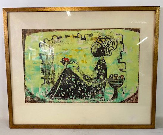 SGN. ALEX? MID CENTURY SILK SCREEN WOMAN W/APPLE 16" X (1 of 3)