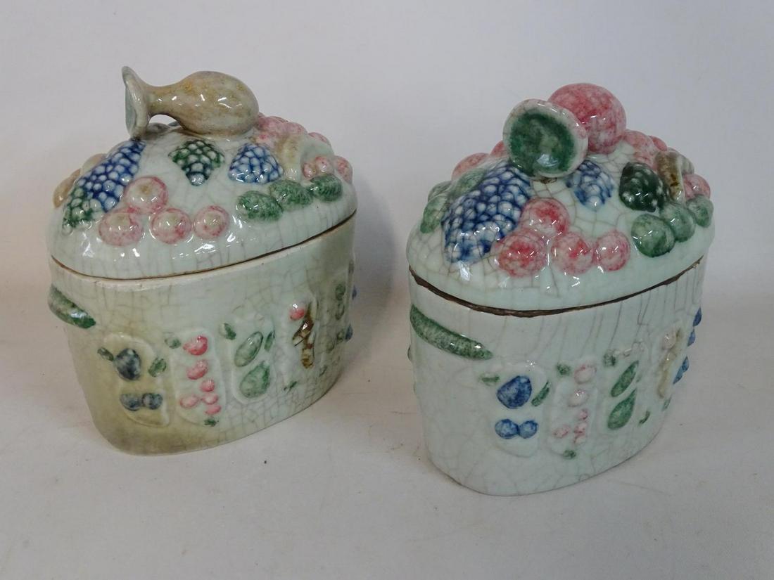 2 CHINESE FRUIT MOTIF GLAZED STONEWARE COVERED JARS (1 of 4)