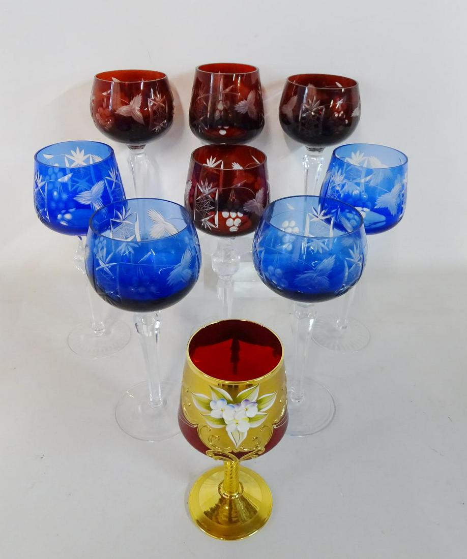 9 ASSORT. BAVARIAN GLASSES INCL. GILT ENAMEL: 9 ASSORT. BAVARIAN GLASSES INCL. GILT ENAMEL 8.5" TALLEST