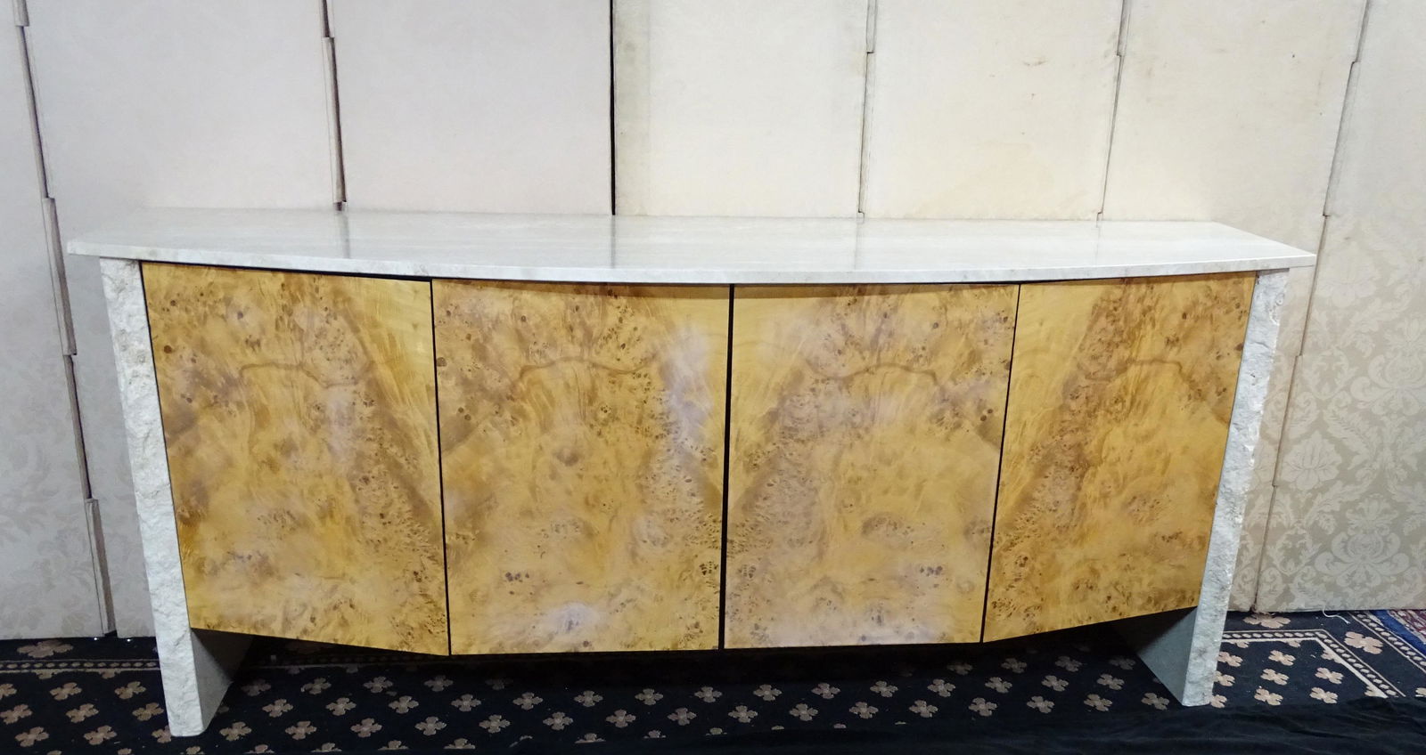 MCM CREDENZA W/BURL FRONT AND TRAVERTINE TOP  33.5X79 (1 of 6)
