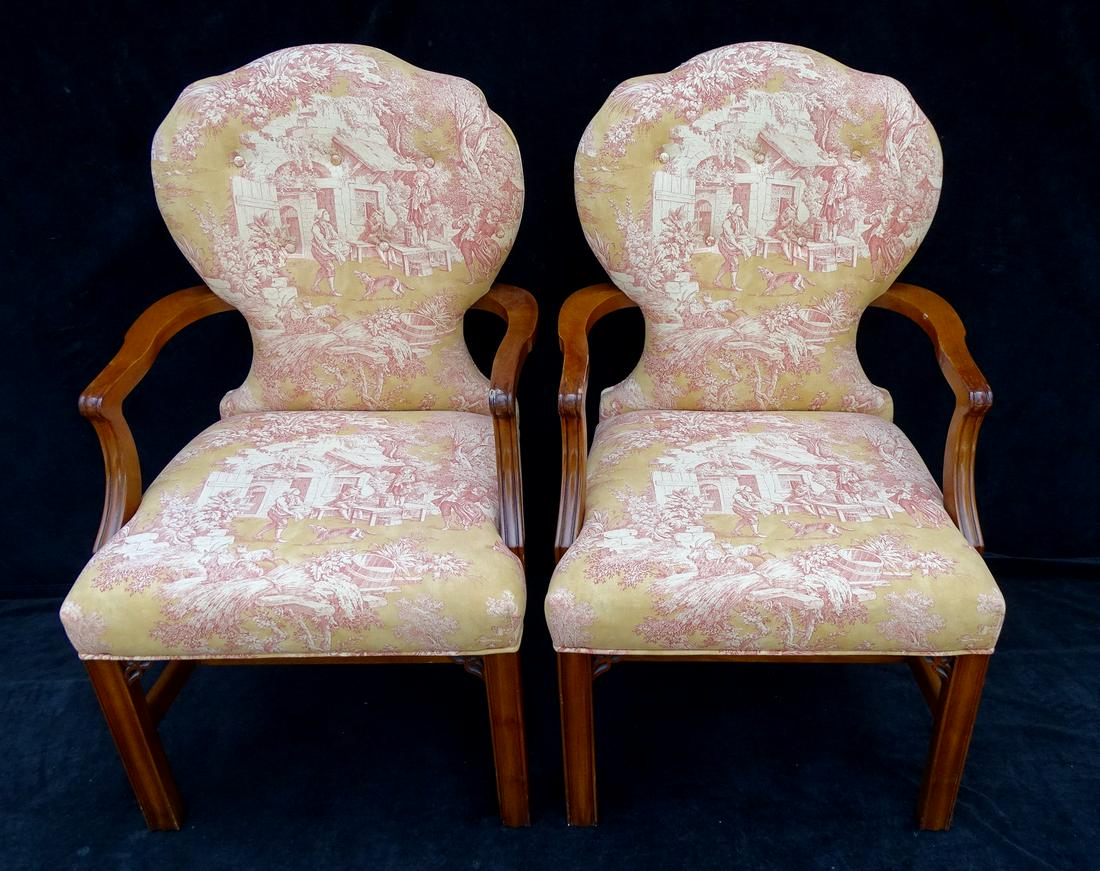 PAIR OF TOILE UPOL. REGENCY STYLE OPEN ARM CHAIRS (1 of 12)