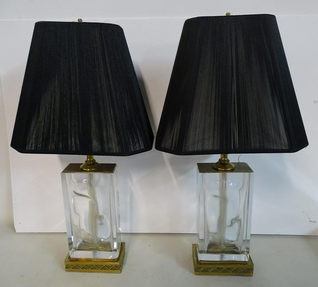 PAIR GLASSBLOCK AND BRASS TABLE LAMPS 19''H (1 of 9)