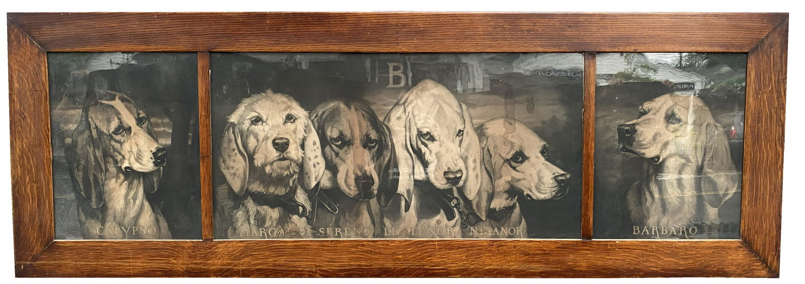 OAK FRAMED TRIPTIC "FRENCH HOUNDS" 25" X 72" (1 of 4)