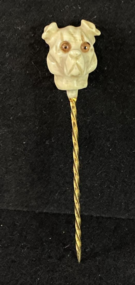 14 KT AND BONE DOG FIGURAL STICK PIN 3.25": 14 KT AND BONE DOG FIGURAL STICK PIN 3.25"