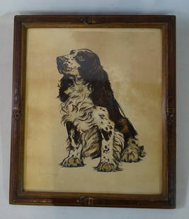 RICHARD THOMPSON SGN. W/C SPRINGER SPANIEL IN DOG: RICHARD THOMPSON SGN. W/C SPRINGER SPANIEL IN DOG COLLAR MOTIF FRAME 20.5" X 17.5" W/ FRAME