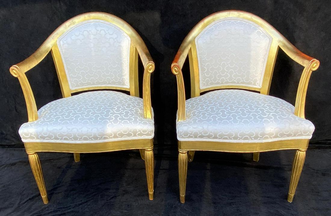 PAIR OF GILT SILK UPHOLSTERED OPEN ARM CHAIRS 36" X 25": PAIR OF GILT SILK UPHOLSTERED OPEN ARM CHAIRS 36" X 25" X 24"