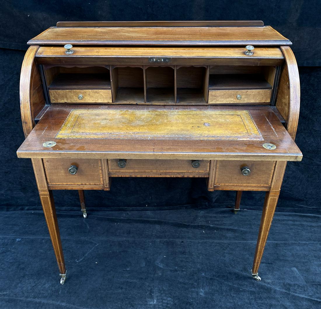 19TH C INLAID MAHOGANY CYLINDER ROLL DESK 39" X 29" X (1 of 5)
