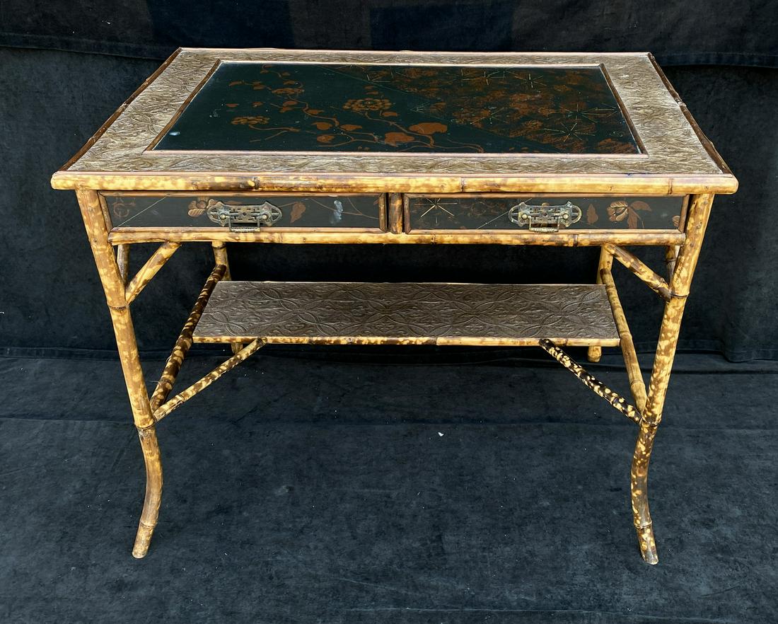 ENGLISH BAMBOO WRITING DESK W PRESSED COPPER/ PAINTED: ENGLISH BAMBOO WRITING DESK W PRESSED COPPER/ PAINTED TOP 29" X 37" X 23"