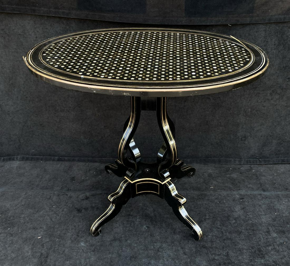 EBONY AND MOTHER OF PEARL TABLE W BRASS INLAY (SOME: EBONY AND MOTHER OF PEARL TABLE W BRASS INLAY (SOME LOSSES) 27" X 30" X 30"