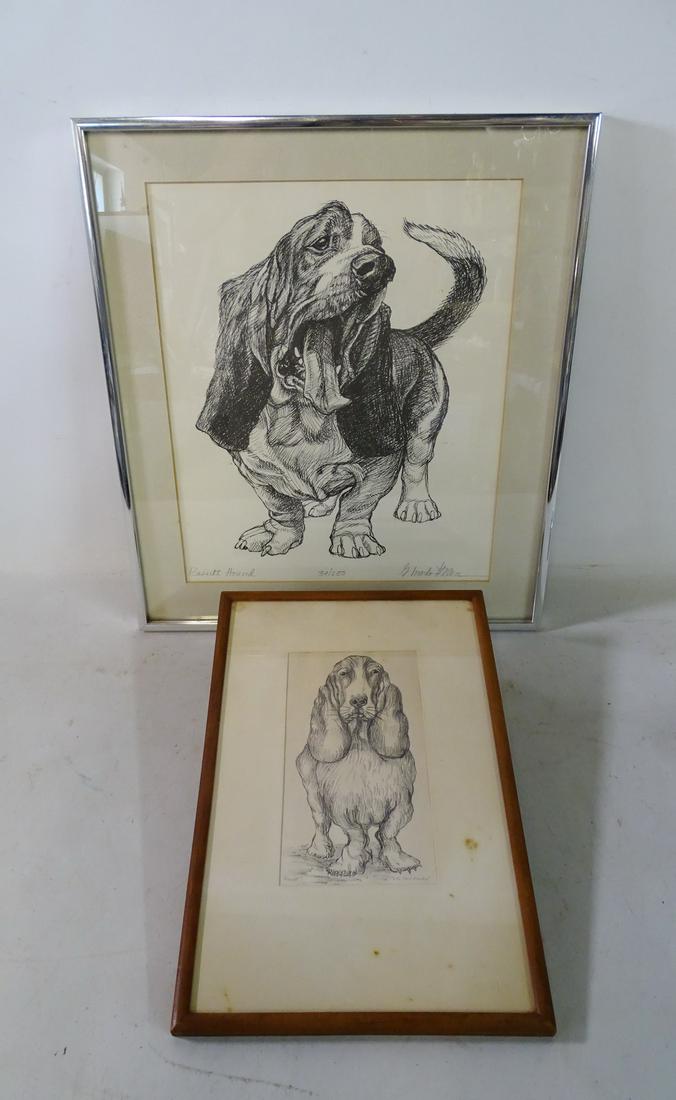 2 BASSET HOUND THEMED WORKS INC. OTTO KARL BAUHOF SGN.: 2 BASSET HOUND THEMED WORKS INC. OTTO KARL BAUHOF SGN. PRINT (?) 11" X 14" LARGEST