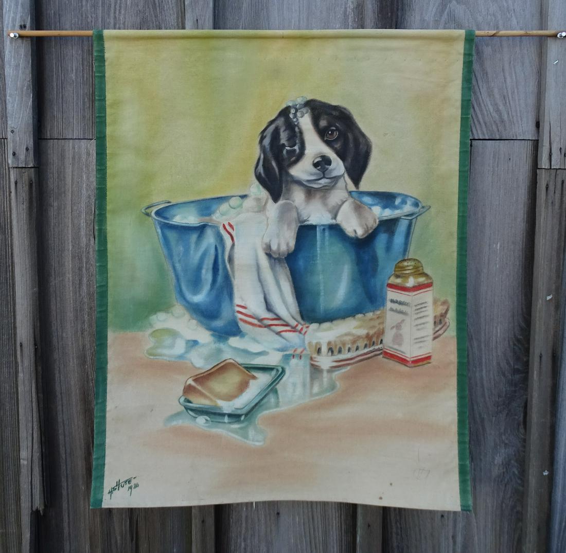 H. SHUTE SGN. BEAGLE THEMED OIL ON CANVAS "BATH TIME" (1 of 5)