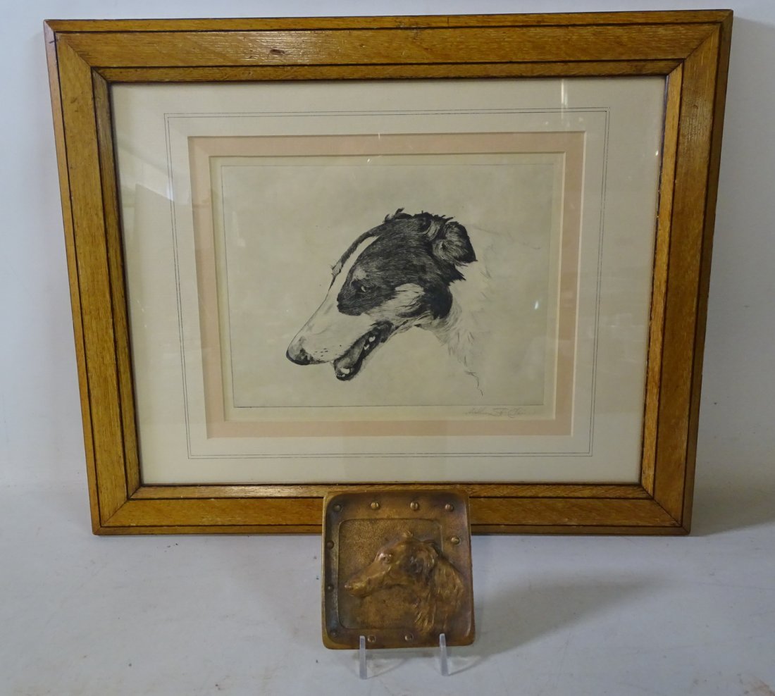 BRONZE BORZOI ASHTRAY 4" X 4 & SGN BORZ ETCHING (1 of 5)