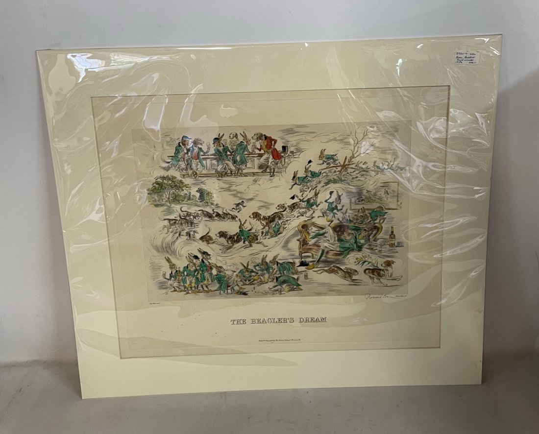 HAND COLORED ETCHING/ ROB BALL BEAGLES DREAM 19" X 21": HAND COLORED ETCHING/ ROB BALL BEAGLES DREAM 19" X 21"