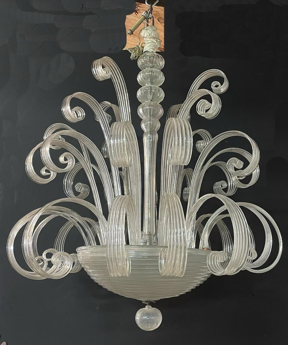 BAROVIER MURANO GLASS CURL CHANDELIER 38" H: BAROVIER MURANO GLASS CURL CHANDELIER 38" H