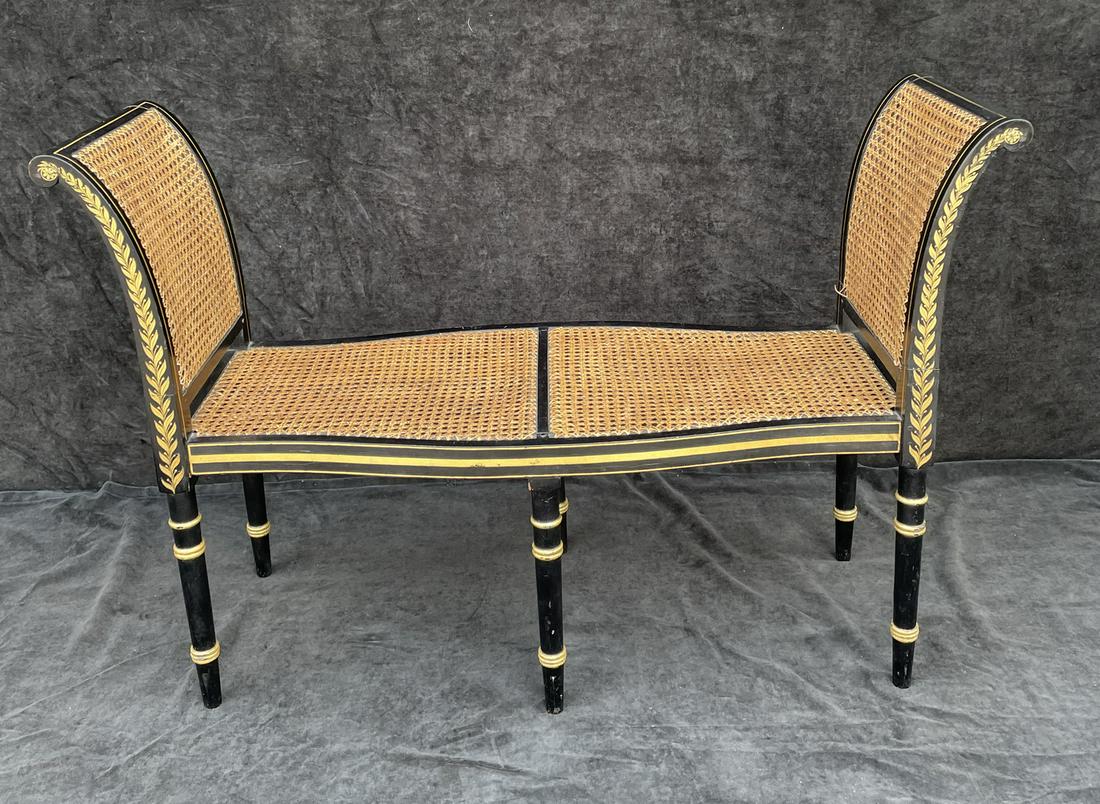BLACK & GILT DECORATED CANED BENCH 31.5" X 46" X 16": BLACK & GILT DECORATED CANED BENCH 31.5" X 46" X 16"