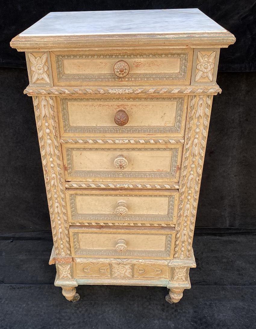 DECORATED MARBLE TOP STAND W/DROP FRONT DOOR 35" X 18": DECORATED MARBLE TOP STAND W/DROP FRONT DOOR 35" X 18" X 14"