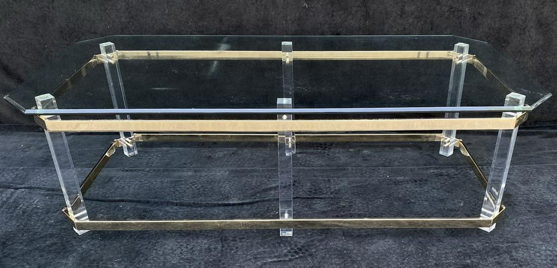 LUCITE &BRASS GLASS TOP COFFEE TABLE 16.5"X54"X26": LUCITE &BRASS GLASS TOP COFFEE TABLE 16.5"X54"X26"