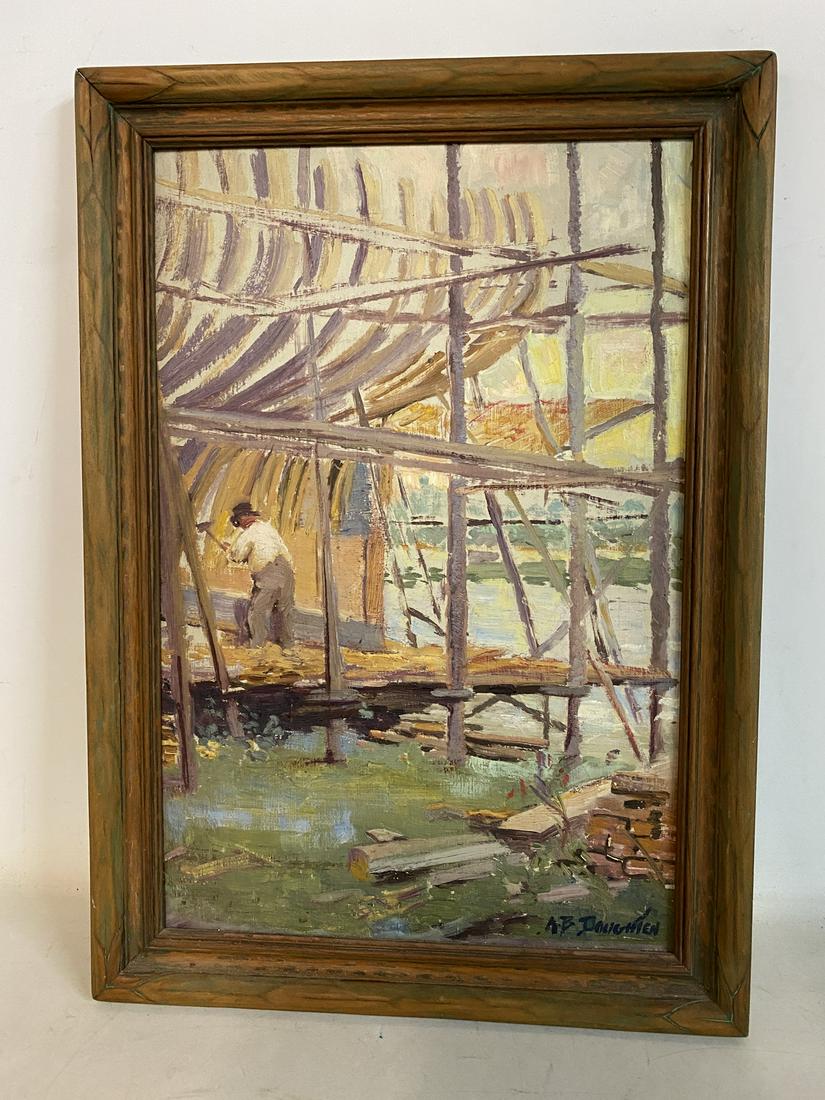 A.B. DOUGHTEN SGN. OIL ON BOARD  "SHIPYARD SCENE" (1 of 5)
